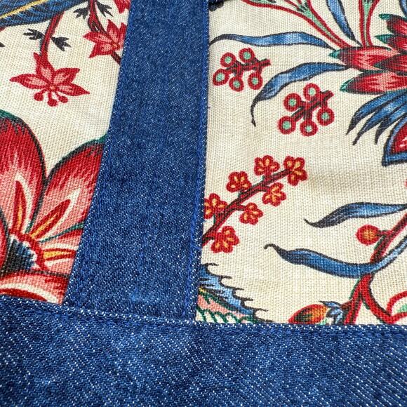 Handmade Denim & Floral Canvas Tote Bag with Pockets 13x14x6 - Picture 9 of 13